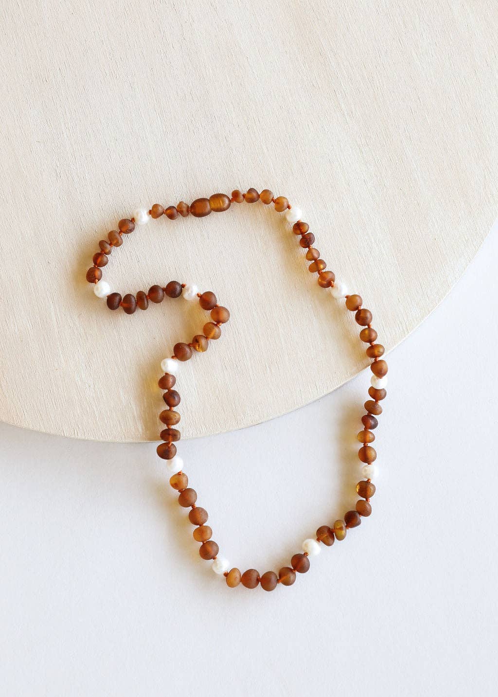 Raw Cognac Baltic Sea Amber + Pearl Halo || Child Necklace 12"