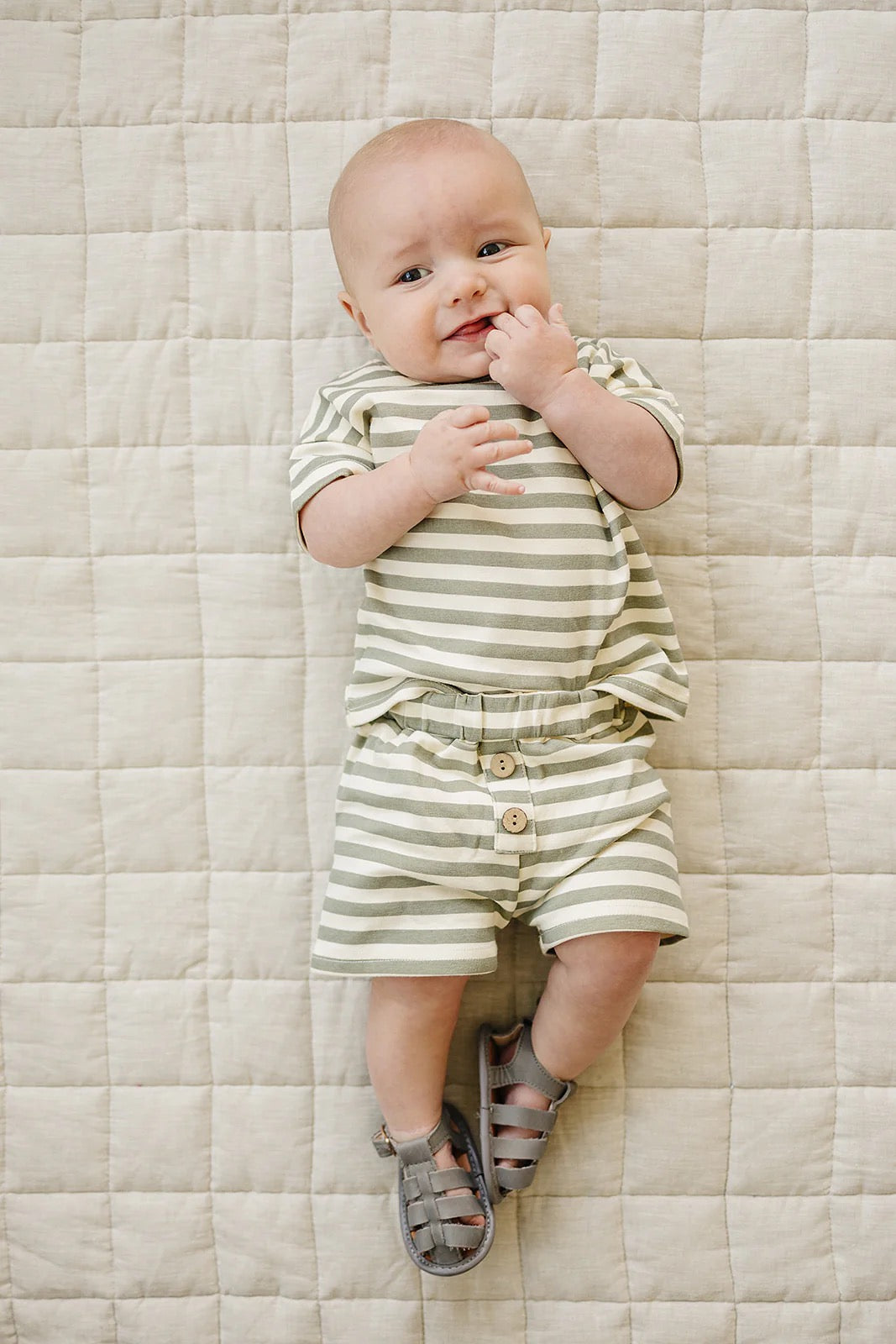 Button Short Set || Sage Stripe