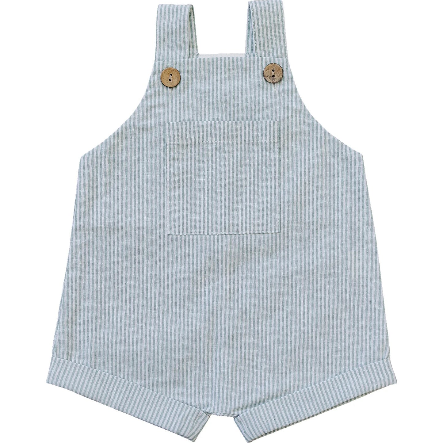 Short Linen Overalls || Green Stripe