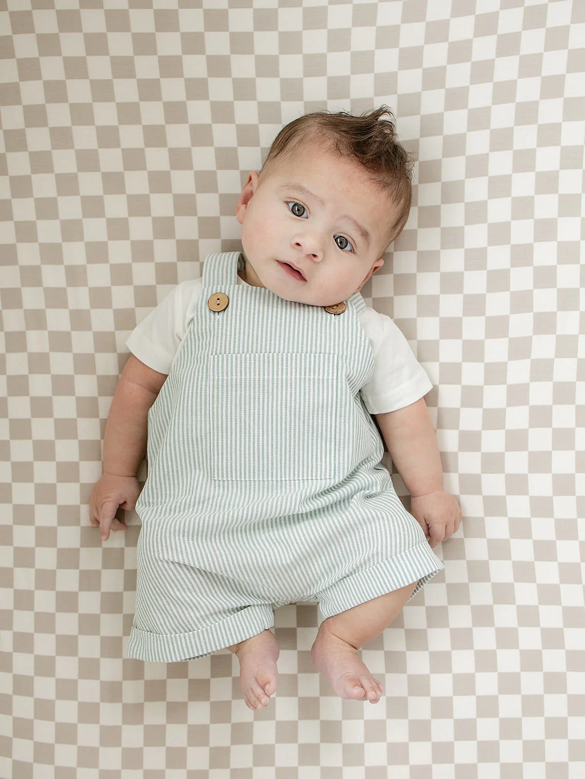 Short Linen Overalls || Green Stripe