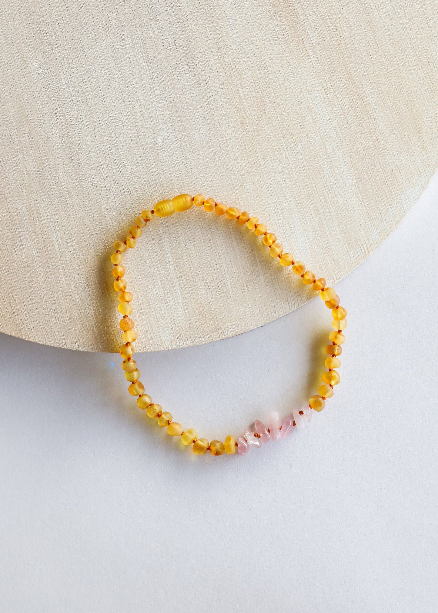 Raw Honey Amber + Raw Rose Quartz Necklace || 11" Baby Necklace
