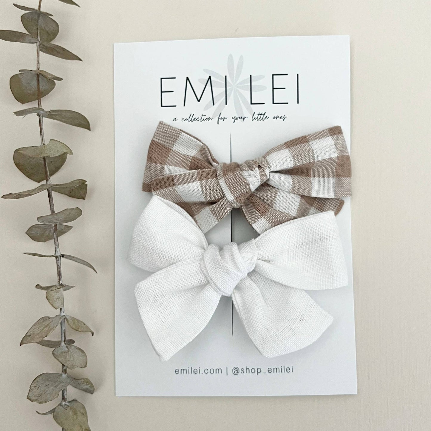 Alligator Clip Bow Set || White & Neutral Gingham