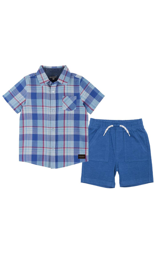 S/S Shirt + Knit Shorts Set || Blue Plaid