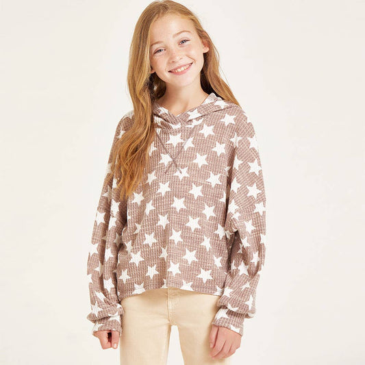 Brushed Waffle Knit Hoodie || Star Print Coffee