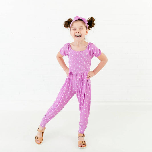 Bamboo Smocked Romper || Purple Polka Dots