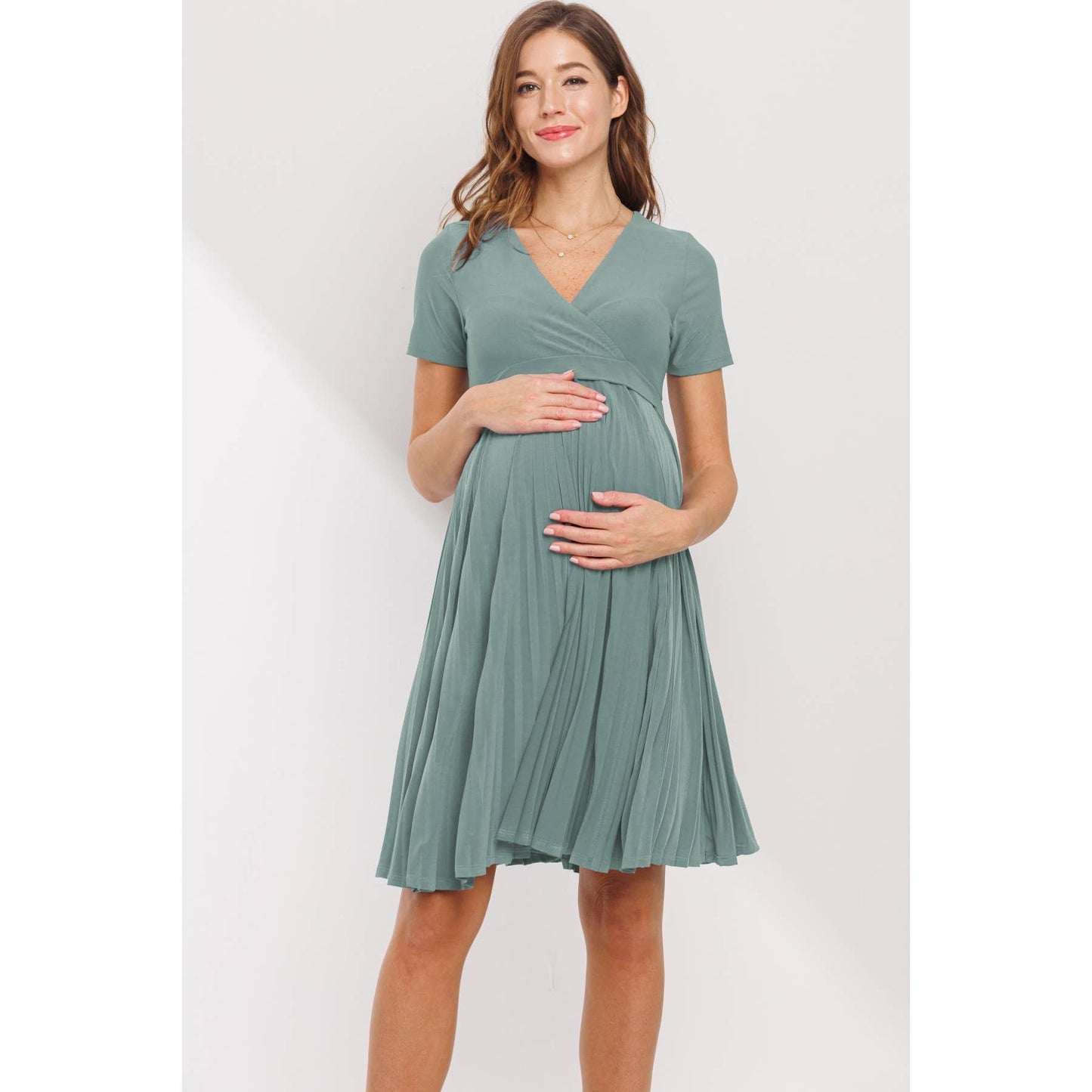 Pleated V-Neck Short Sleeve Maternity Dress