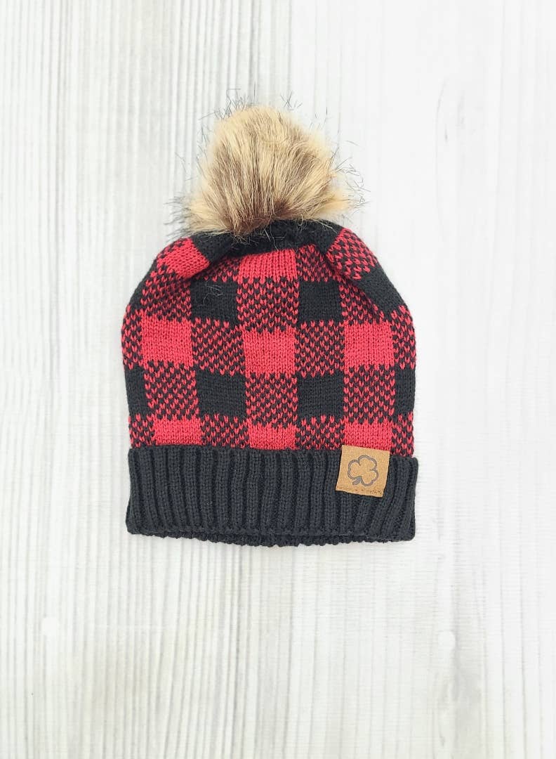 Pom Beanie Hat || Red Buffalo Plaid