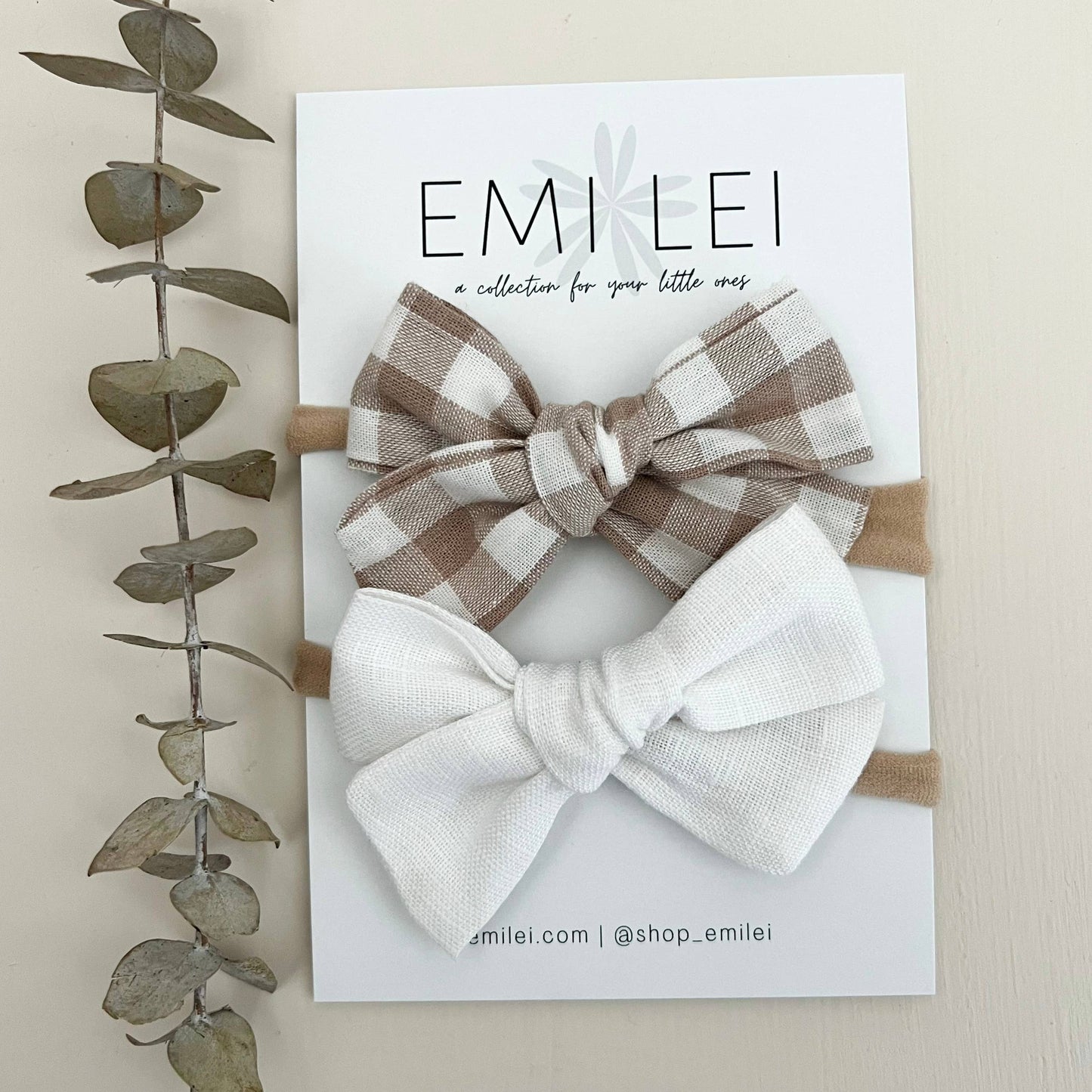 Nylon Stretchy Bow Headband Set || White & Neutral Gingham